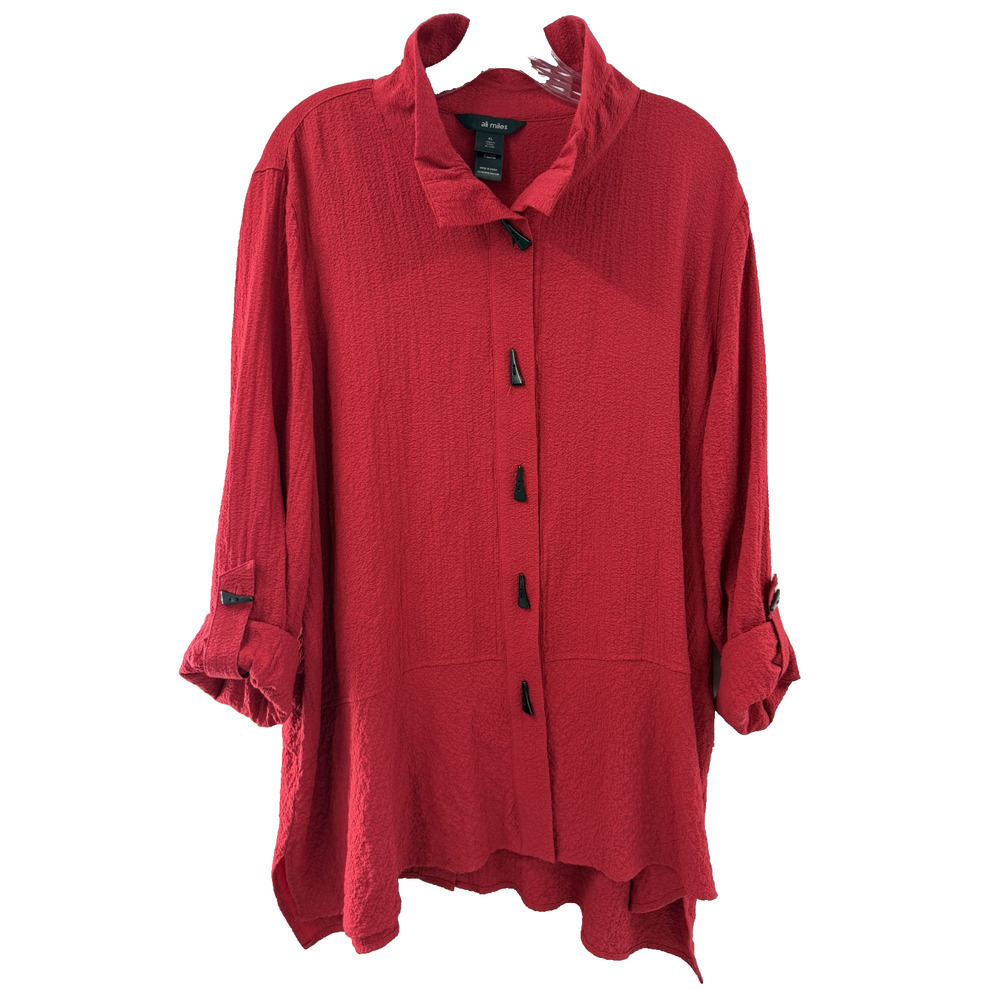 Ali Miles Women's Classic Red Collared Tunic Roll Tab 3/4 Sleeves Size XL